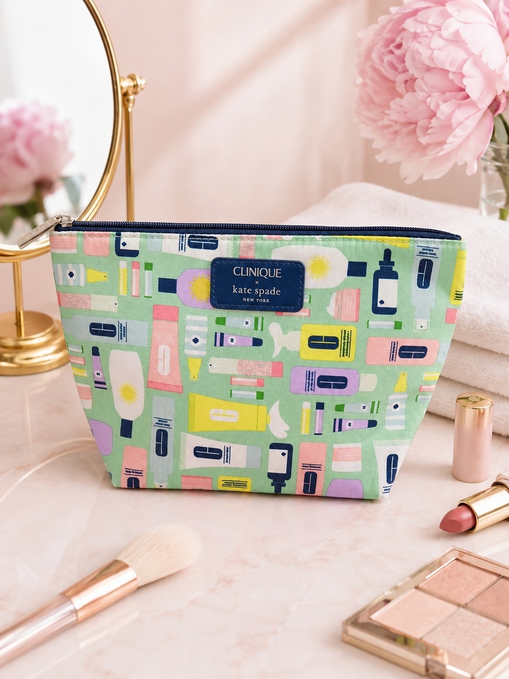 kate spade x Clinique Green Toiletry Pouch with Navy Trim